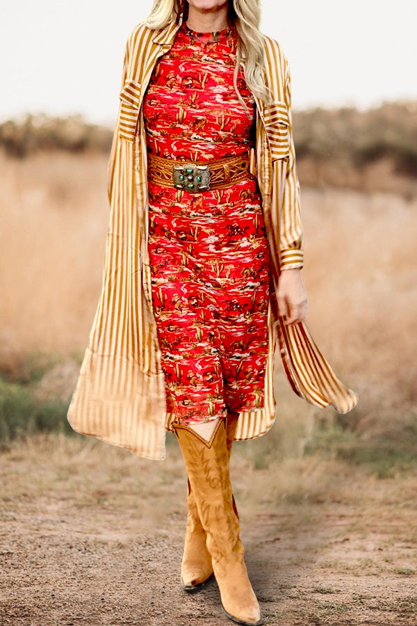 Retro Western Life Scene Print Dress