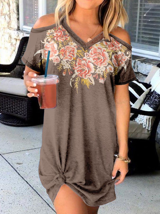 Printed V-Neck Short-Sleeve Dress