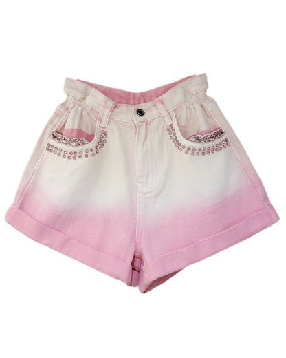 Diamond-Encrusted Colorblock Rolled Hem High-Waisted Wide-Leg Denim Shorts