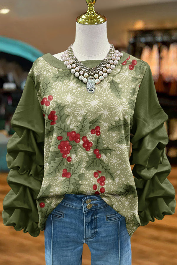 Sweet Christmas Print Pleated Sweatshirt