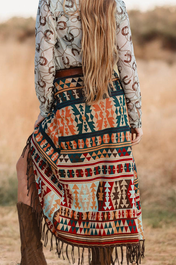 Vintage Aztec Pattern Fringed Slit Skirt