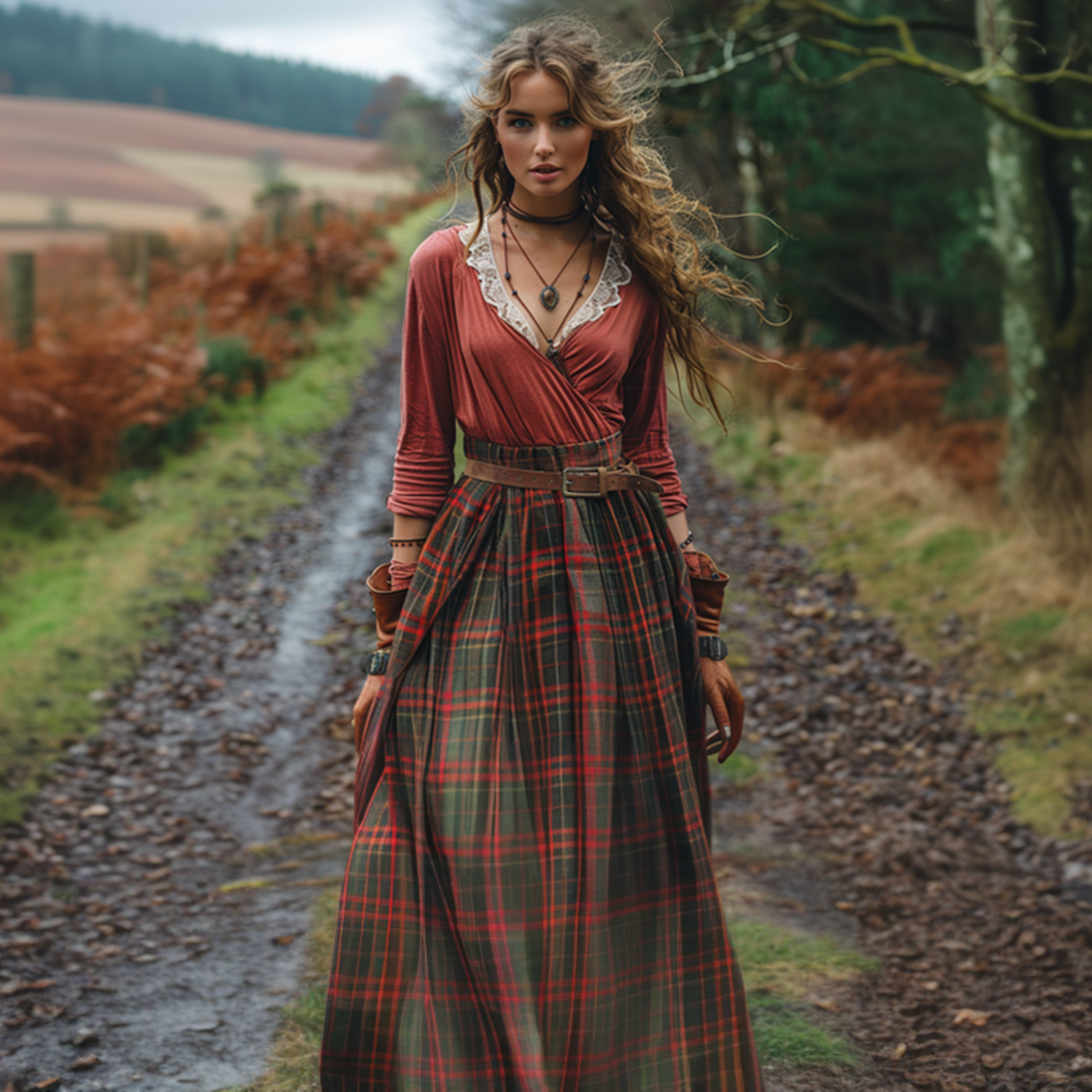 Women's Retro Plaid V-neck Long-sleeved Long Skirt Pastoral Style Dress