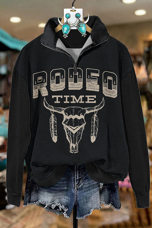 Western Rodeo Time Cow Skull Zipper Sweatshirt