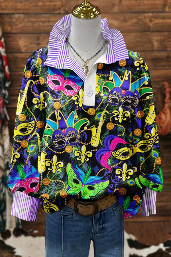 Unique Mardi Gras Print Puff Sleeve Blouse