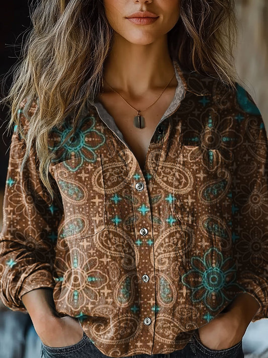 Women's Vintage Paisley Cashew Floral Print Casual Long Sleeve Comfortable Cotton Shirt