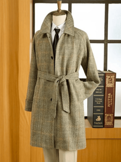 Men's Classic Herringbone Pattern Single-Breasted Open-Pocket Design Casual Woolen Coat (Belt Included)