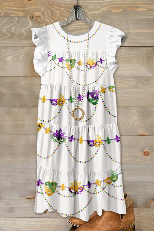 Classic Mardi Gras Print Fly Sleeve Dress