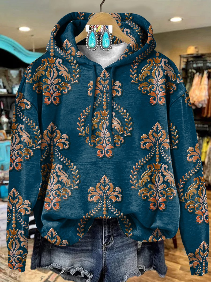 Retro Dark Blue Ethnic Pattern Art Print Casual Hoodie Sweatshirt