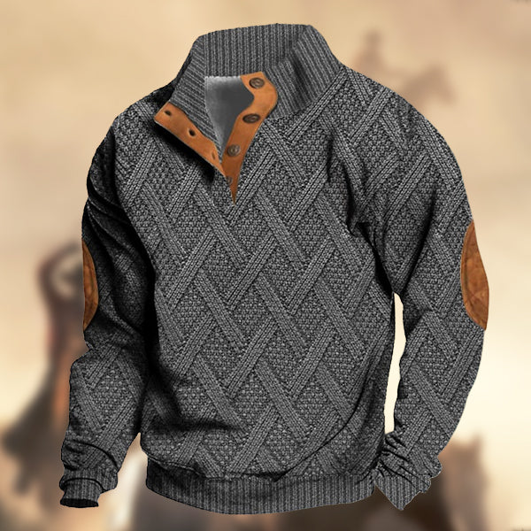 Men's Casual Retro Western Knitt Prints Stand Collar Button Sweatshirt