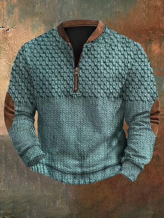 Men's Vintage Knit Print Zip-Up Sweatshirt