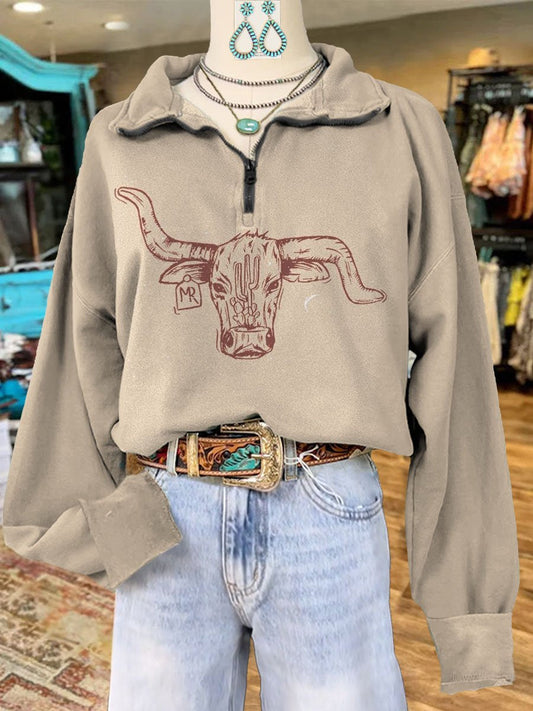 Cow Print Casual Long Sleeve Zip Sweatshirt