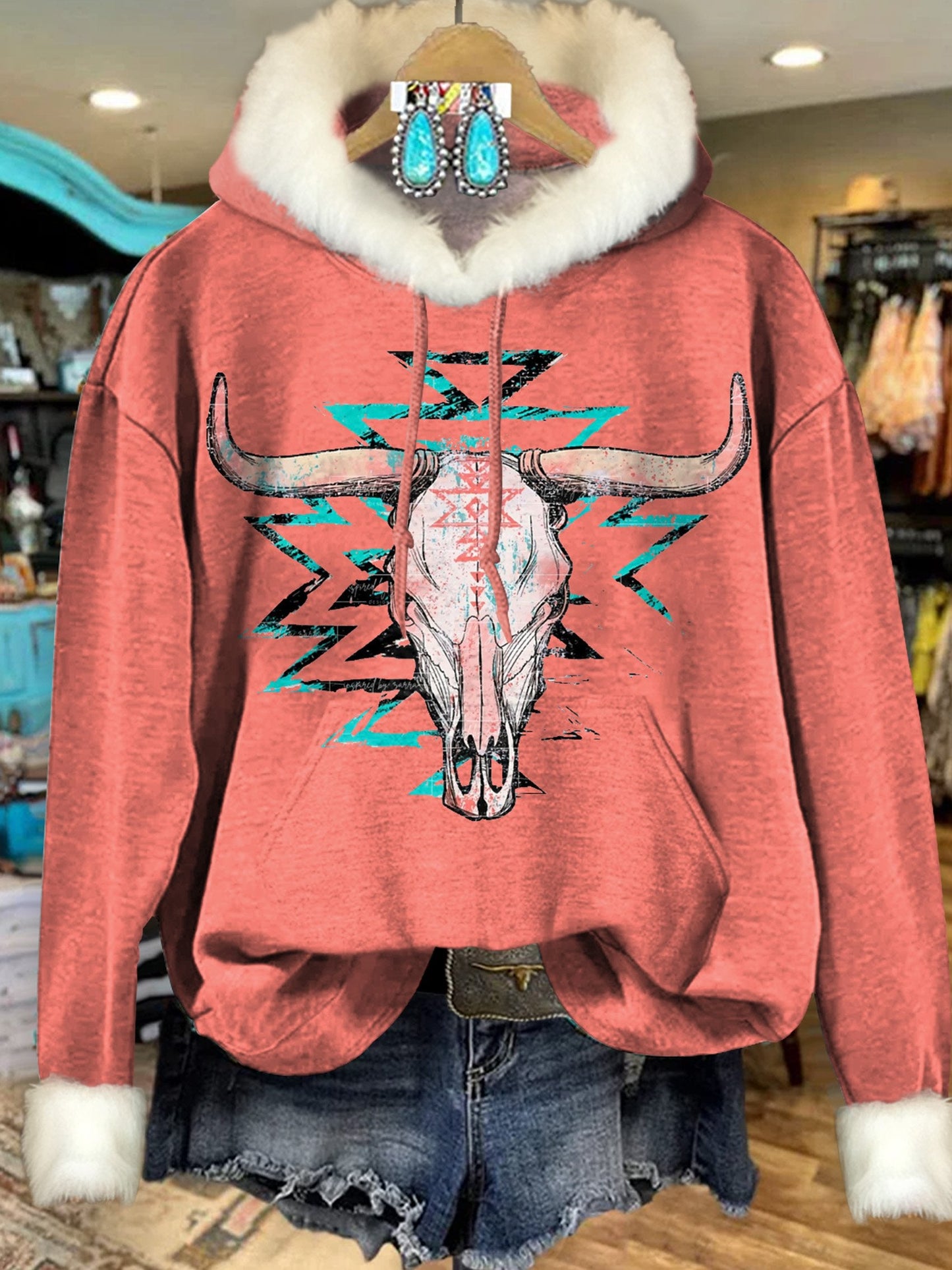 Vintage Aztec Bull Head Art Print Imitation Rabbit Fur Trim Casual Hoodie Sweatshirt