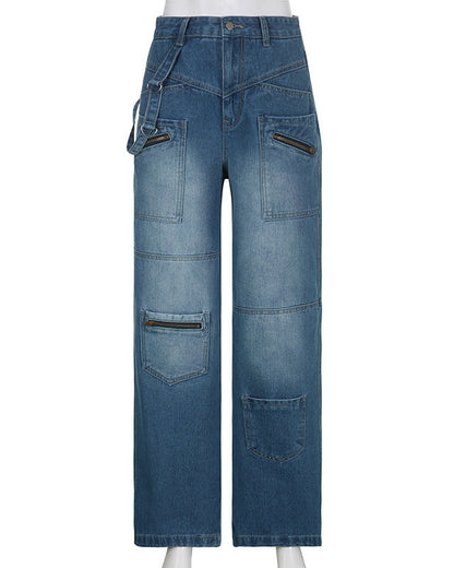 Zippered Multi-Pocket Workwear High-Waisted Wide-Leg Jeans