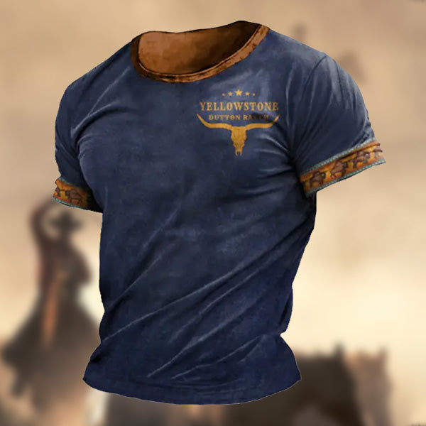 Men's Retro Western Ethnic Yellowstone Printed Pattern Short Sleeve Round Neck T-shirt