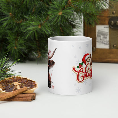 Merry Christmas Highland White Glossy Mug