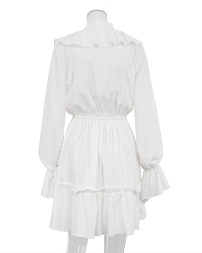 V-Neck Smocked Bell-Sleeved Ruffled White Mini Dress