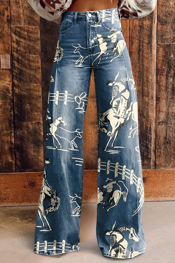 Vintage Cowboy Print Casual Wide Leg Pants