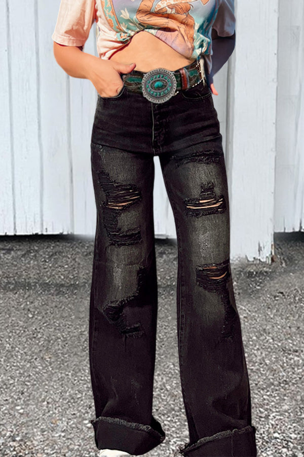 Vintage Wash Distressed Wide-Leg Jeans