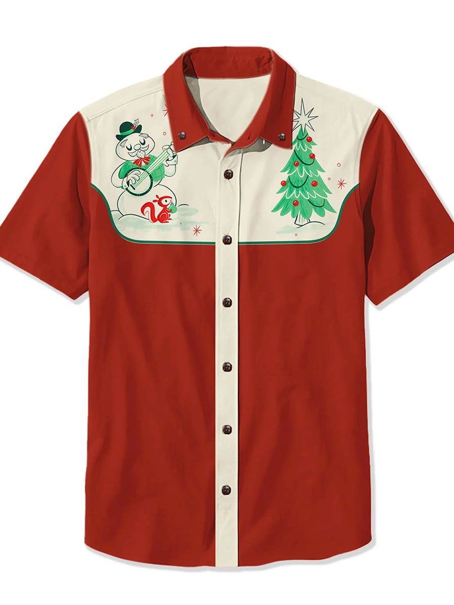 Vintage Snowman and Christmas Tree Art Print Casual 100% Cotton Shirt