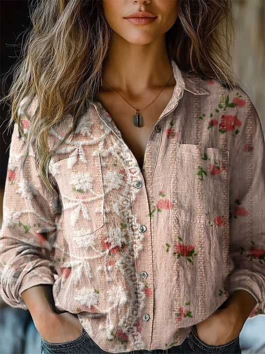 Women's Vintage Floral Print Casual Long Sleeve Comfortable Cotton Shirt