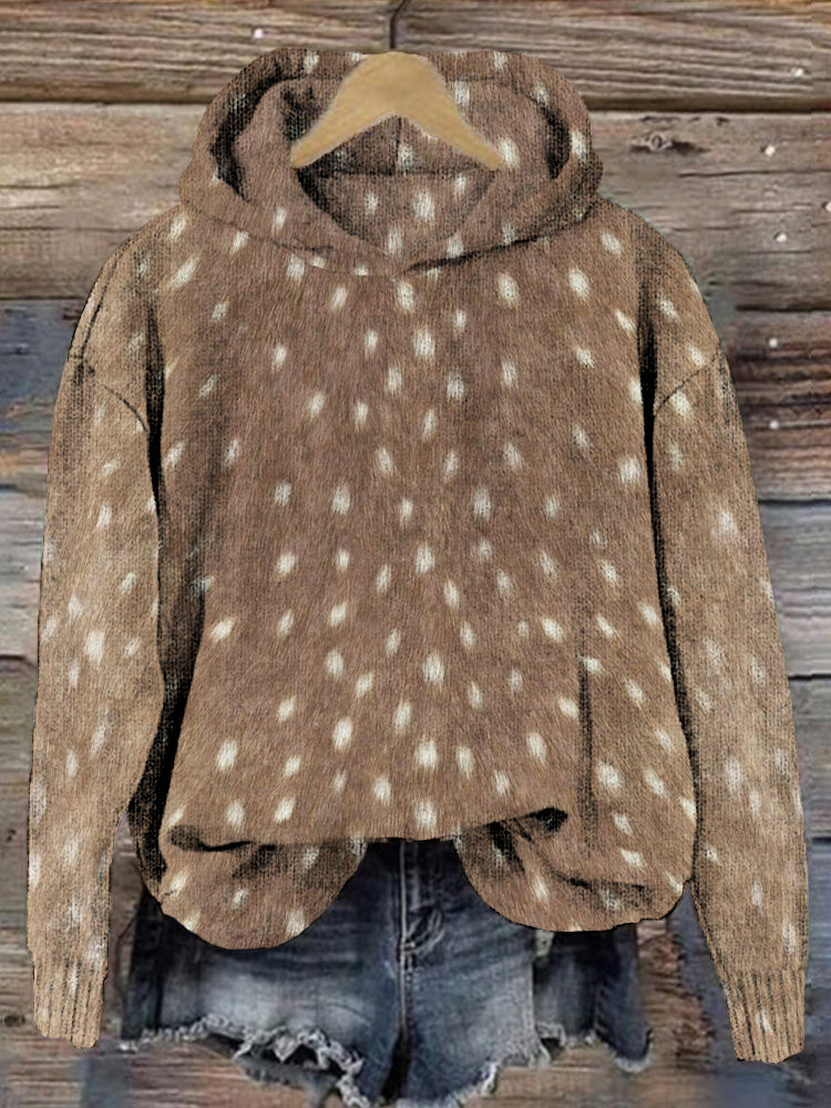 Soft Deer Hide Pattern Vintage Cozy Knit Hoodie