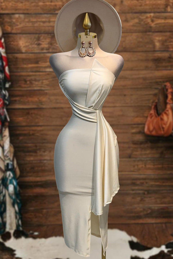 Asymmetrical Slit Strapless Midi Dress