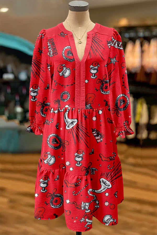 Ugly Christmas Grinch Print V-neck Puff Sleeve Dress