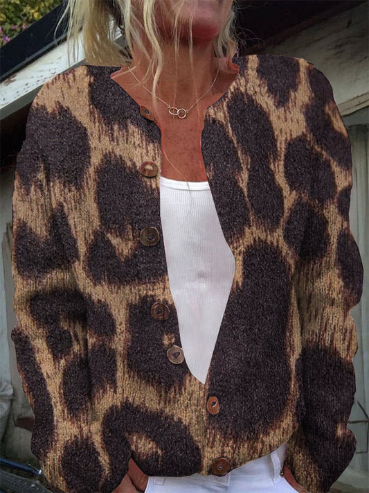 Vintage Leopard Print Casual Button Cardigan