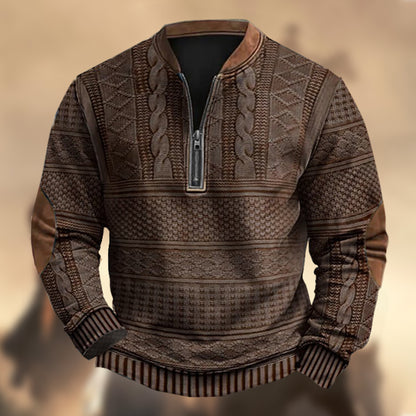 Men's Vintage Country Western Cashmere Wool Print Zipper Stand Collar Casual Sweatshirt