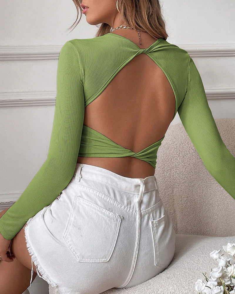 Backless Casual Short Slim Fit Knitted Long-Sleeved T-Shirt Top