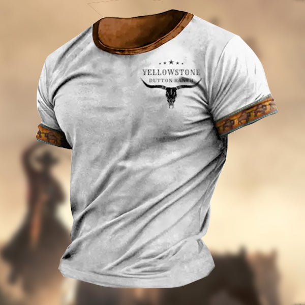 Men's Retro Western Ethnic Yellowstone Printed Pattern Short Sleeve Round Neck T-shirt