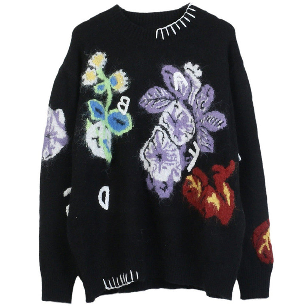 Retro Jacquard Knitted Flower Sweater