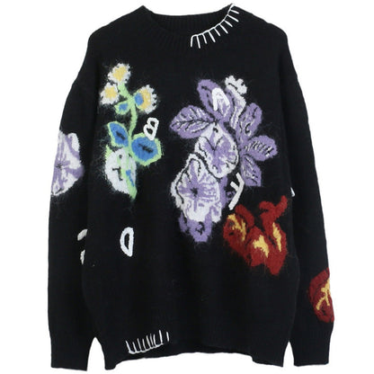 Retro Jacquard Knitted Flower Sweater