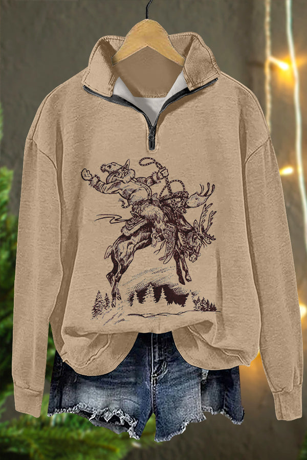 Western Christmas Santa Horse Racing Print Sweatshirt