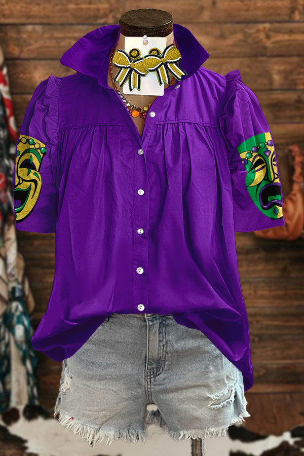 Unique Mardi Gras Print Puff Sleeve Blouse