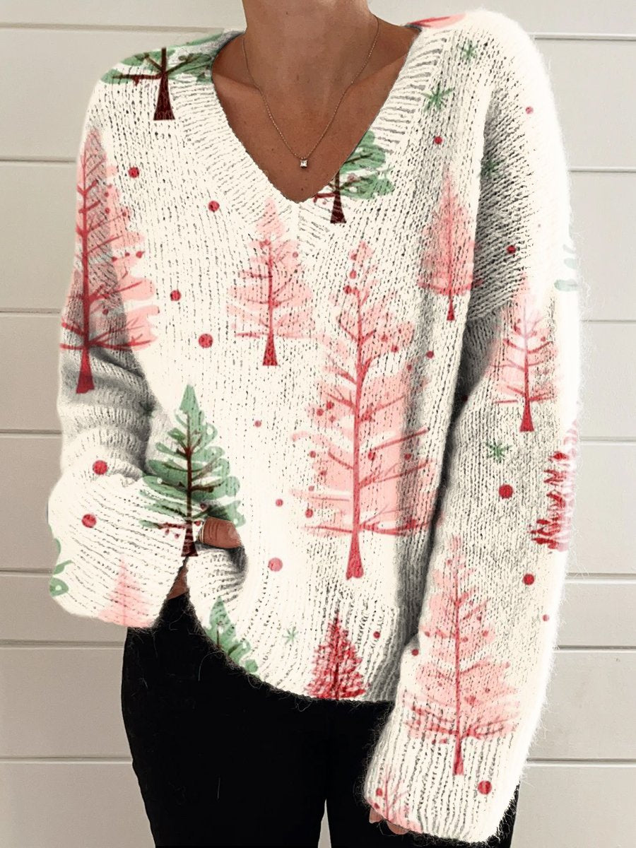 Women's Vintage Christmas Tree Art Casual V-neck Pullover Knit