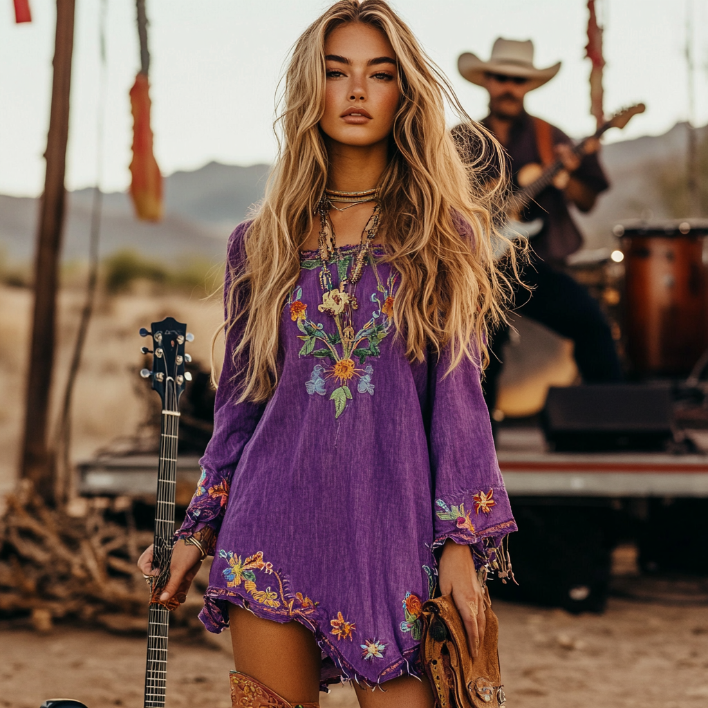 Music Festival Rock Party Carnival Vintage Wasteland Style Ethnic Floral Cotton And Linen Dress