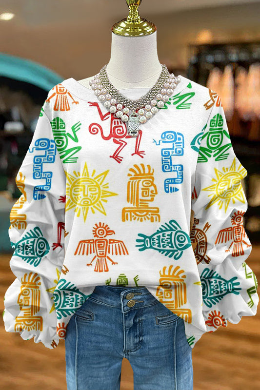 Unique Western Aztec Print Pleated Sweatshirt