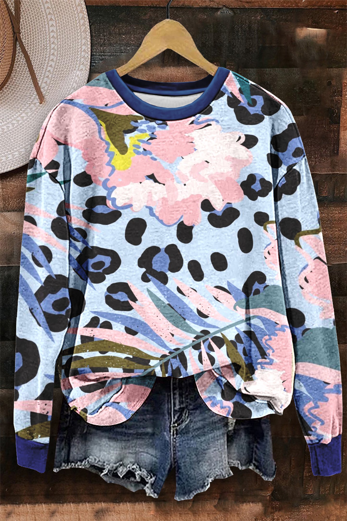 Blue Pink Leopard Print Sweatshirt