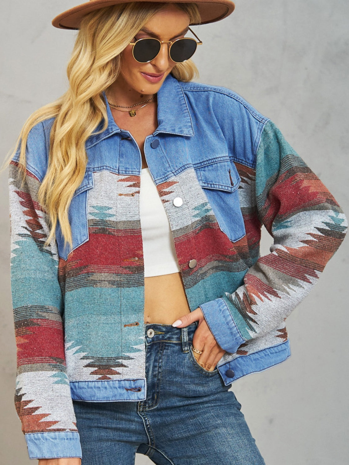 Aztec Button Up Dropped Shoulder Denim Jacket