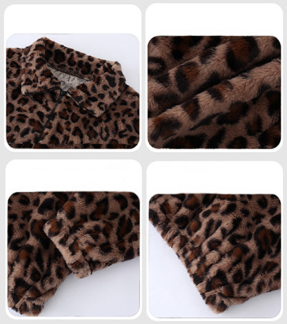 Women's Loose Zipper Long Sleeve Leopard Print Plush Jacket