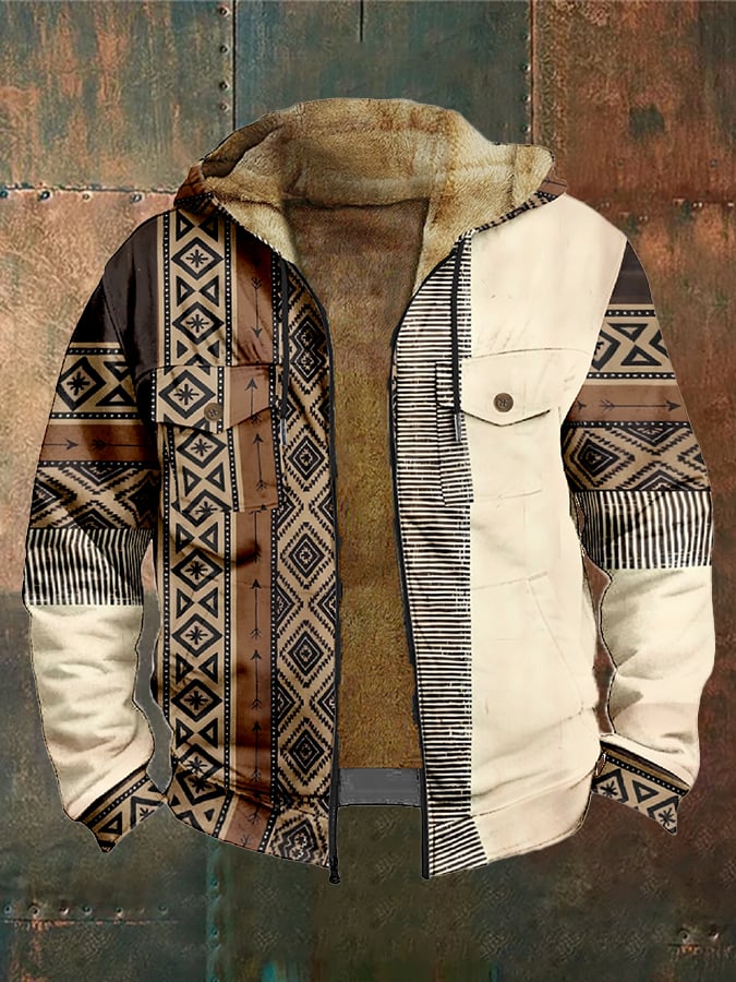 Men's Western Style Printed Hooded Fleece Jacket