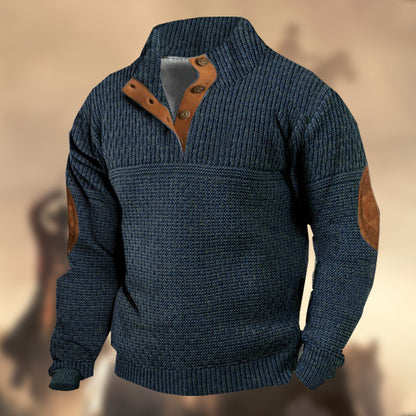 Men's Casual Retro Cashmere Knitting Stand Collar Button Sweatshirt Reverse Texture Suede Elbow Patch Top