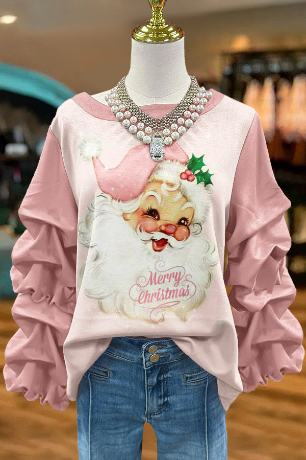 Cute Christmas Santa Claus Print Pleated Sweatshirt