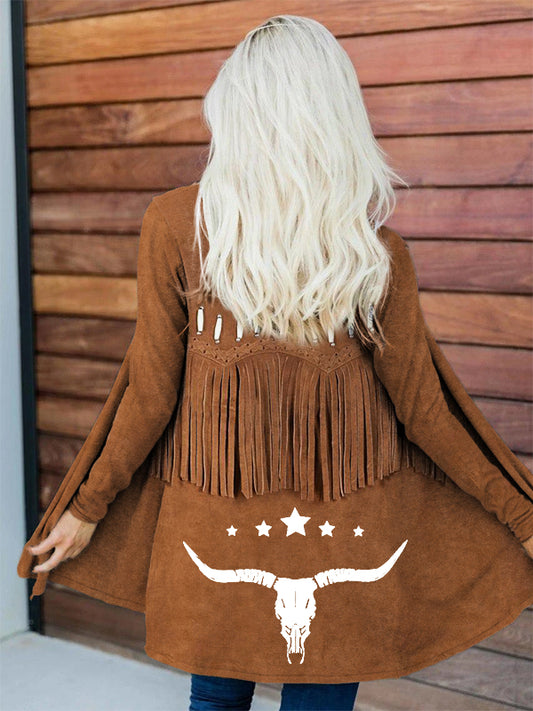 Vintage Western Fringe & Bull Skull Art Flowy Cardigan