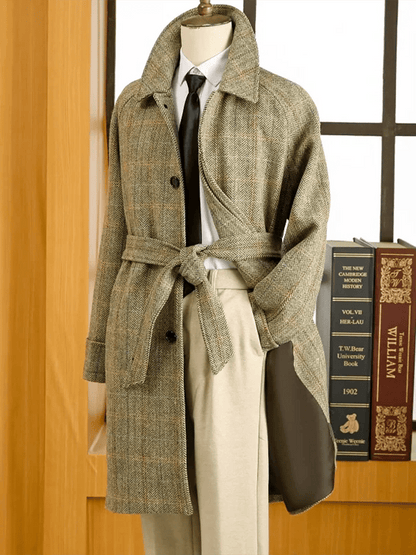 Men's Classic Herringbone Pattern Single-Breasted Open-Pocket Design Casual Woolen Coat (Belt Included)