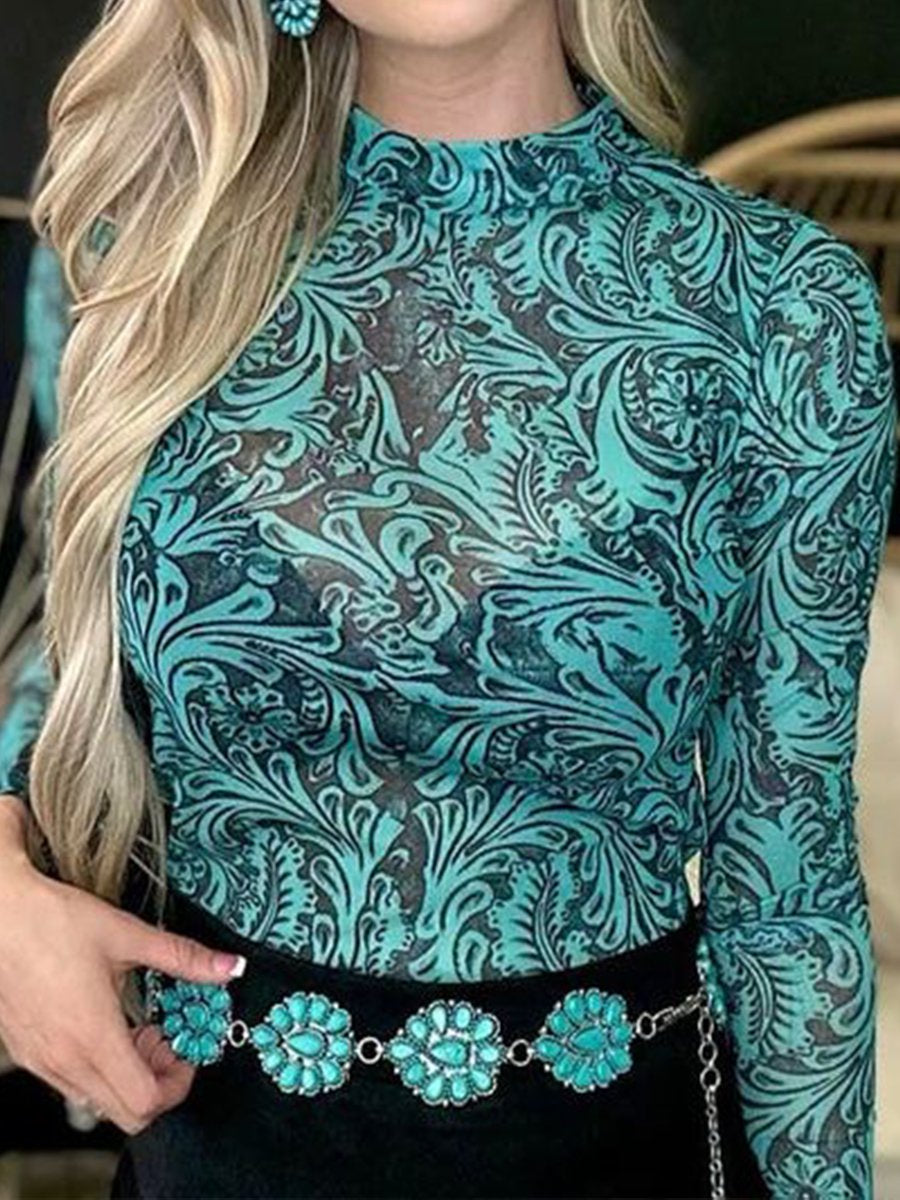 Western Vintage Turquoise Floral Print Casual Long Sleeve Stretch Mesh Top