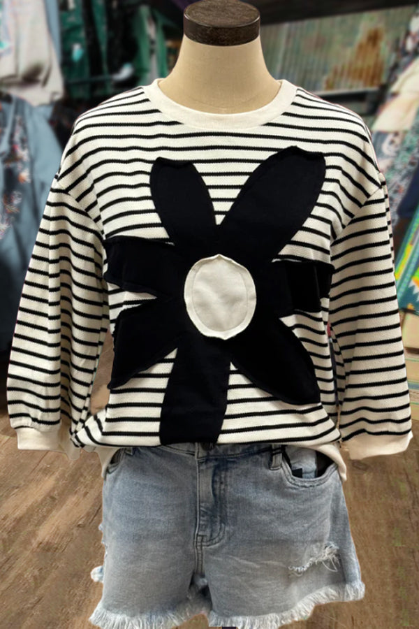 Stripe Flower Applique Elbow Length Sleeve Top