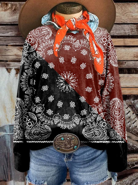 Women's Black and Red Paisley Casual Print Corduroy Sweatshirt