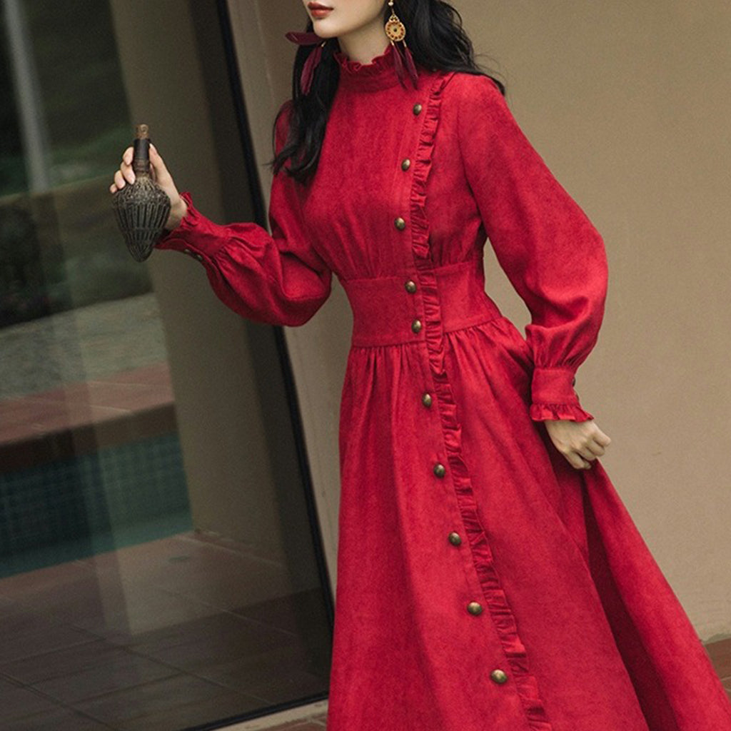 Ethnic Style Red Long Dress French Style Long Sleeve Dress